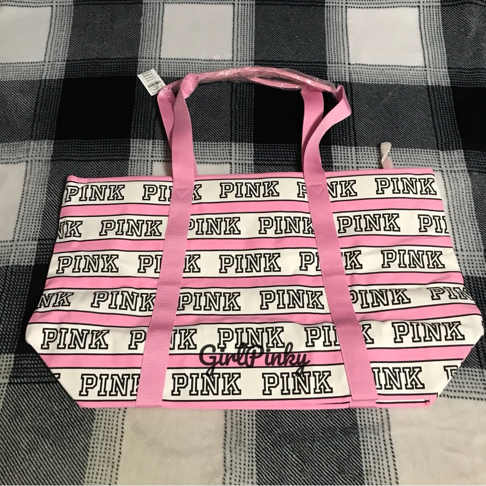 VS PINK TOTE ZIPPER BAG IN PINK & WHITE WITH ALL OVER LOGO NEW WITH TAGS